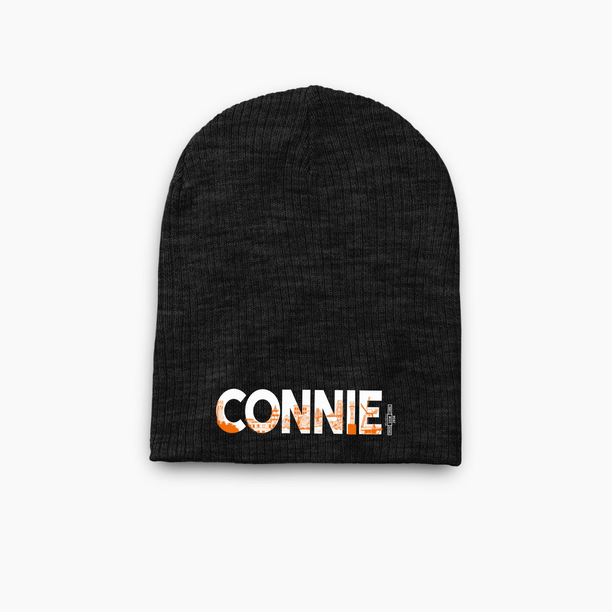 Black knit beanie with "CONNIE" embroidered in white and orange letters on front.