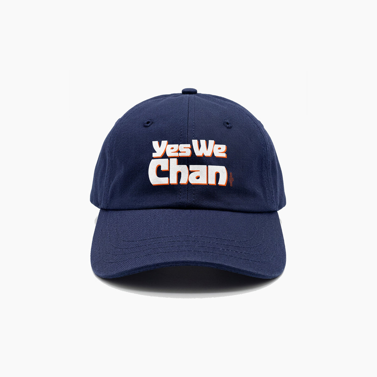 Navy blue baseball cap with beige "Yes We Chan" embroidered on front.