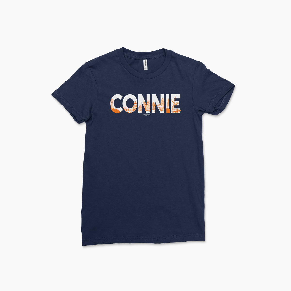 Navy blue fitted cotton t-shirt with bold white and orange "CONNIE" text across the chest.