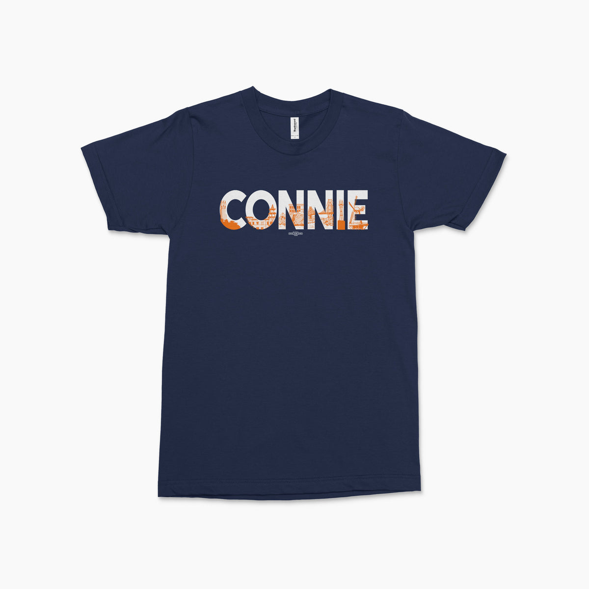 Navy blue short-sleeve tee with large white and orange gradient "CONNIE" text across the chest.