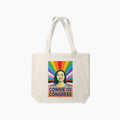 Natural canvas tote bag with colorful Connie for Congress graphic and long handles.
