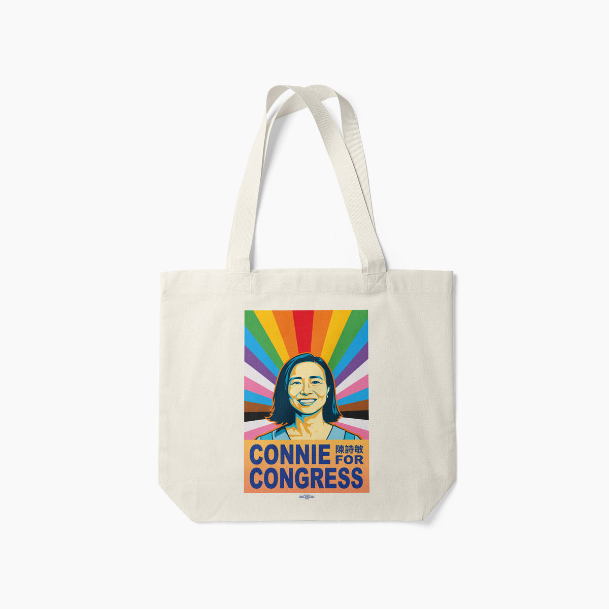 Natural canvas tote bag with colorful Connie for Congress graphic and long handles.